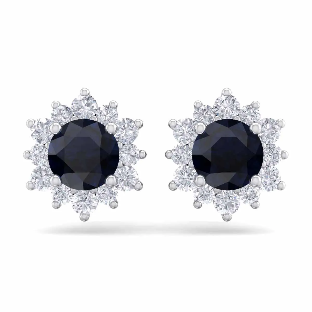 1 1/2 Carat Round Shape Flower Sapphire And Diamond Halo Stud Earrings In 14 Karat White Gold