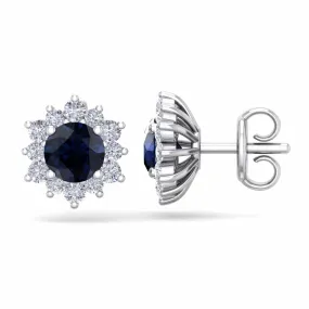 1 1/2 Carat Round Shape Flower Sapphire And Diamond Halo Stud Earrings In 14 Karat White Gold