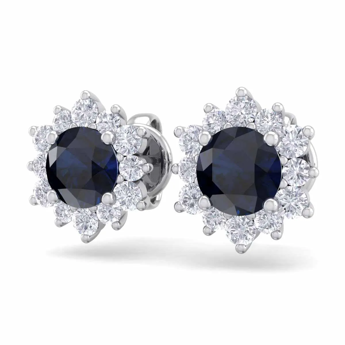 1 1/2 Carat Round Shape Flower Sapphire And Diamond Halo Stud Earrings In 14 Karat White Gold