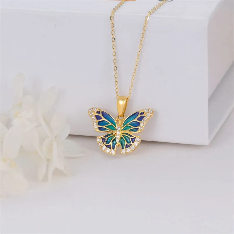 14K Solid Gold Butterfly Necklace for Women Real Yellow Gold Butterfly Pendant Necklace Jewelry Gift for Her