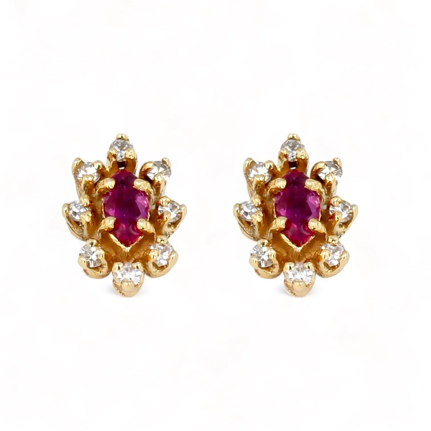 14K Yellow gold oval ruby diamonds flower studs-14135