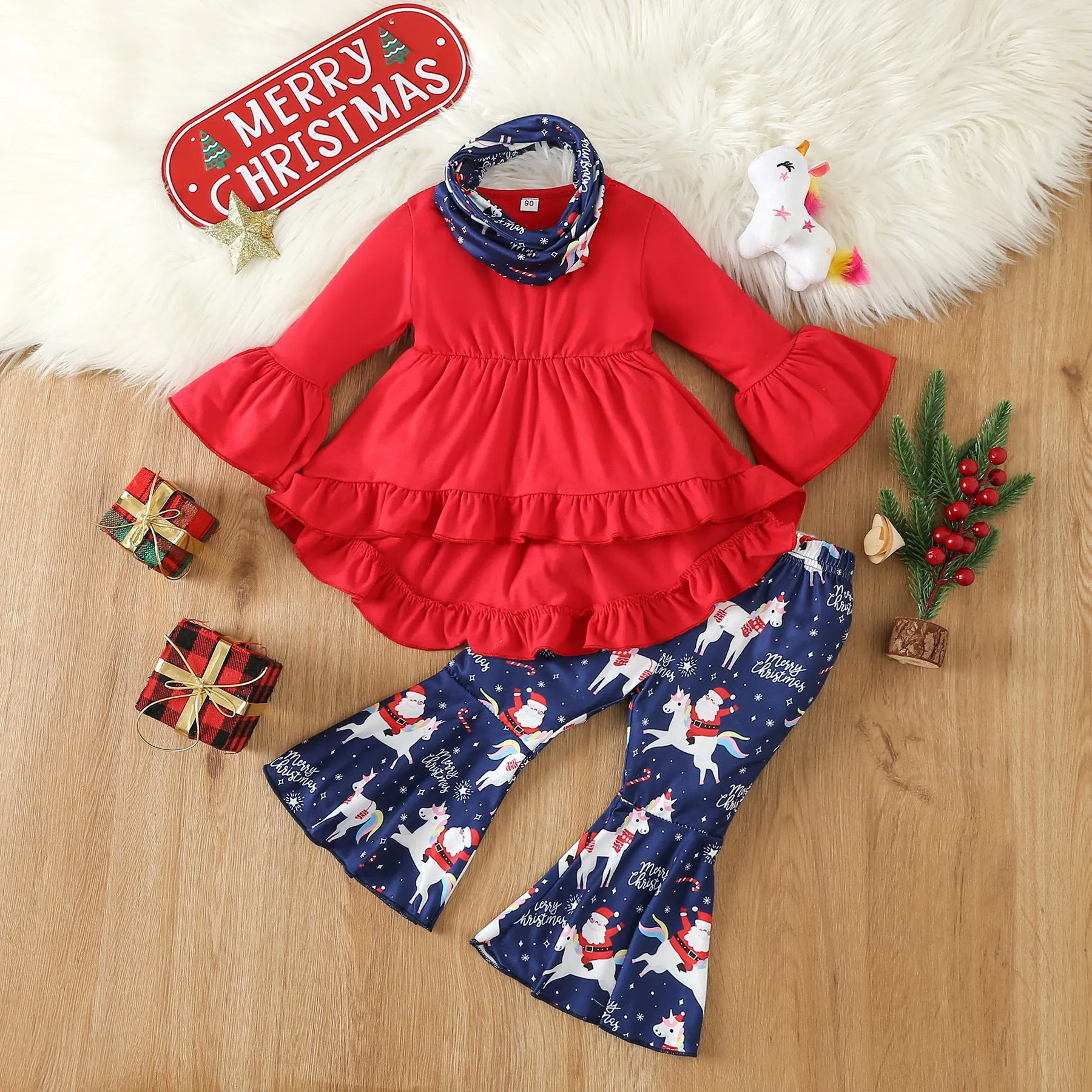 2 Pieces Set Baby Kid Girls Christmas Solid Color Print Tops And Cartoon Pants Wholesale 23101542