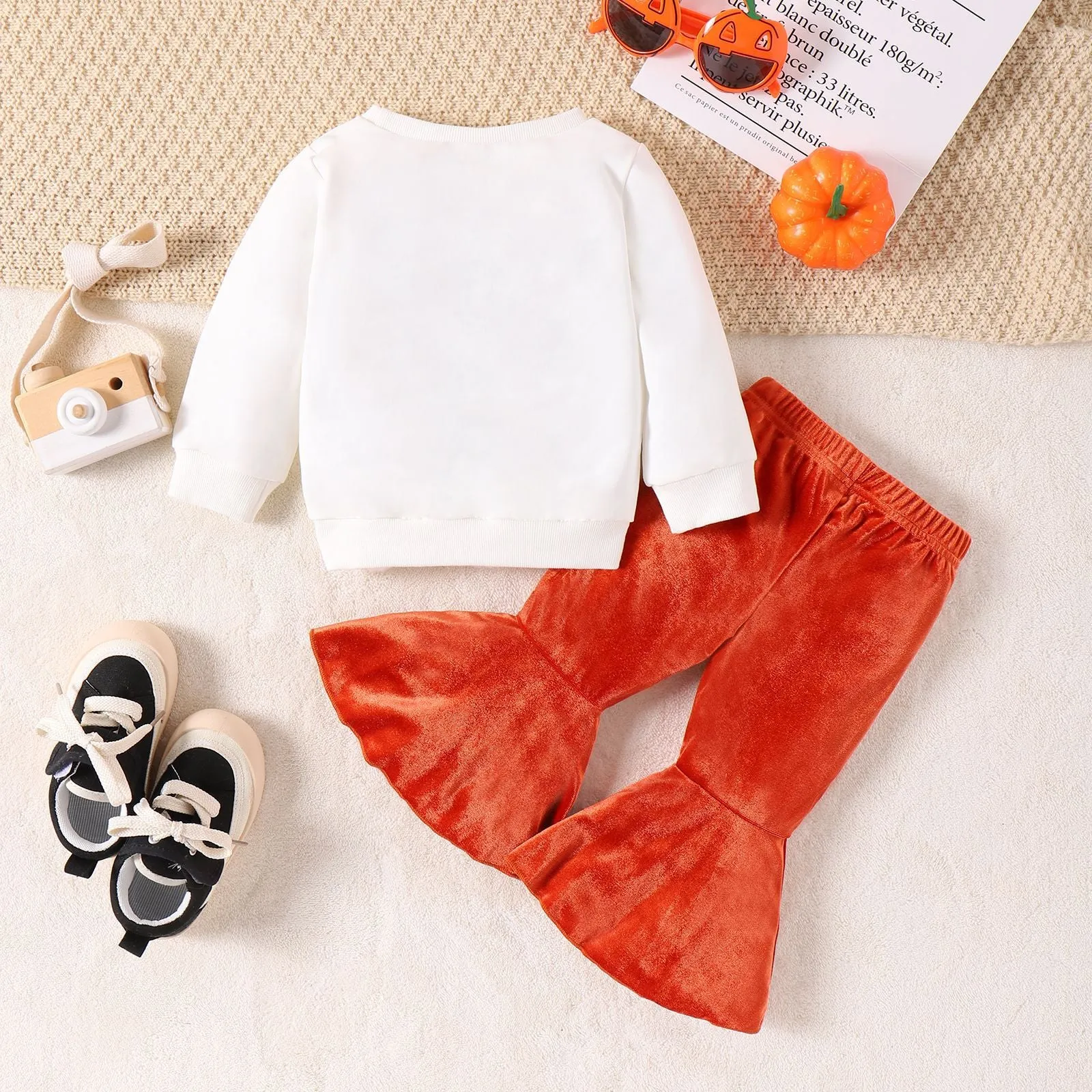 2 Pieces Set Baby Kid Girls Halloween Letters Print Tops And Solid Color Pants Wholesale 24011116