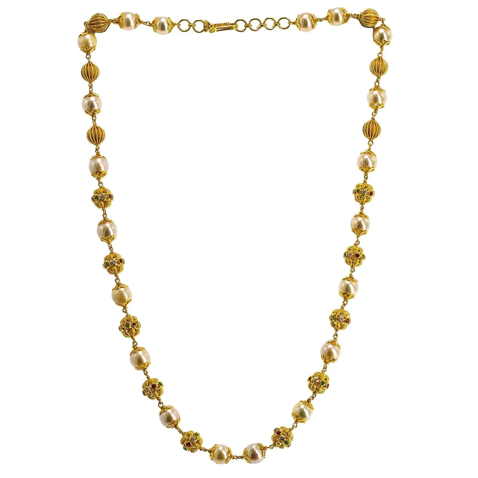 22K Yellow Gold Ball Chain W/ Pearls, Emeralds, Rubies & CZ Gems