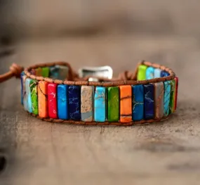 7 Chakra Rainbow Tubestone Leather Wrap Bracelet - Unisex