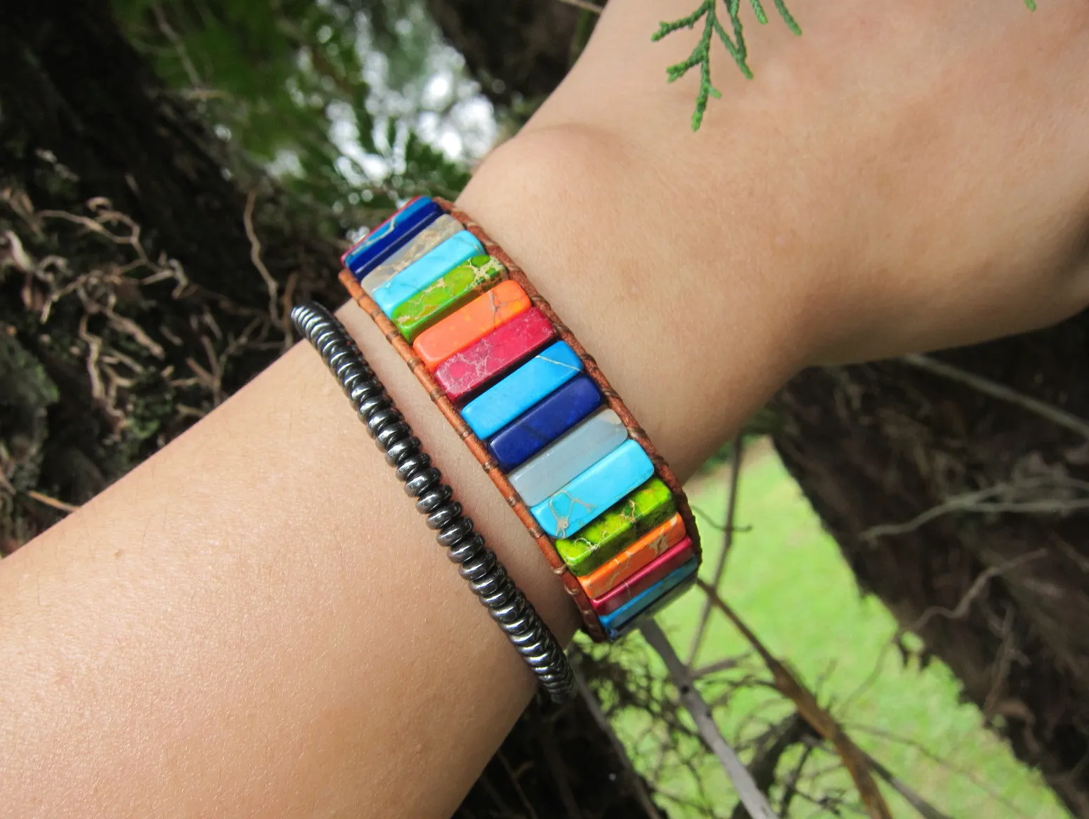 7 Chakra Rainbow Tubestone Leather Wrap Bracelet - Unisex