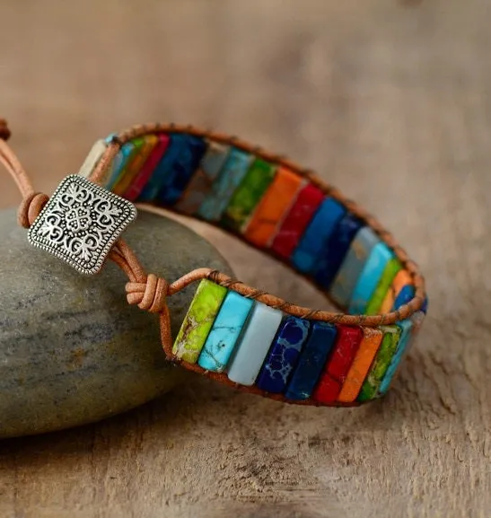 7 Chakra Rainbow Tubestone Leather Wrap Bracelet - Unisex