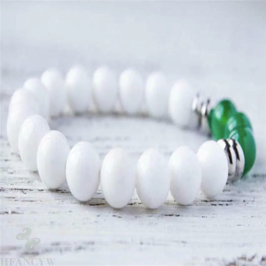 8mm Summer White and Green Natural Jade Round Bead Bracelet