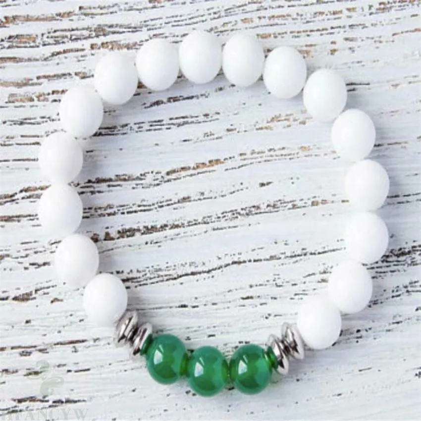 8mm Summer White and Green Natural Jade Round Bead Bracelet