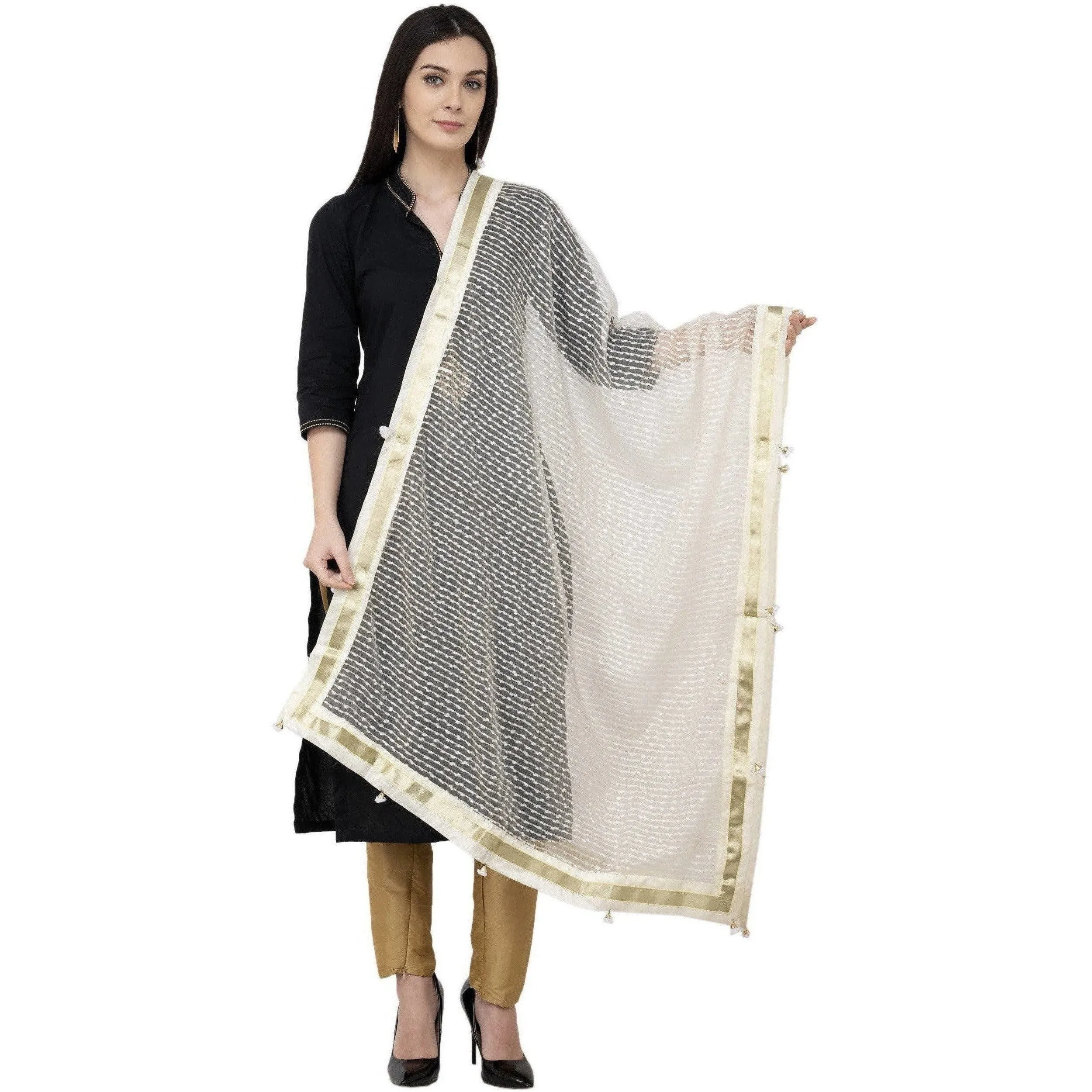 A R Silk Payal Pum Pum Fancy Dupatta Off White Color Dupatta or Chunni