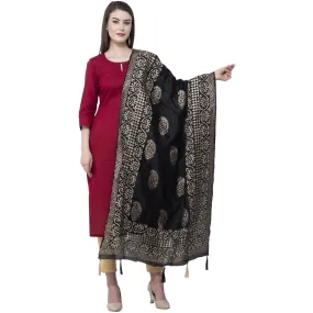 A R Silk Women's Gold Print Silk Black Dupattas and Chunnis