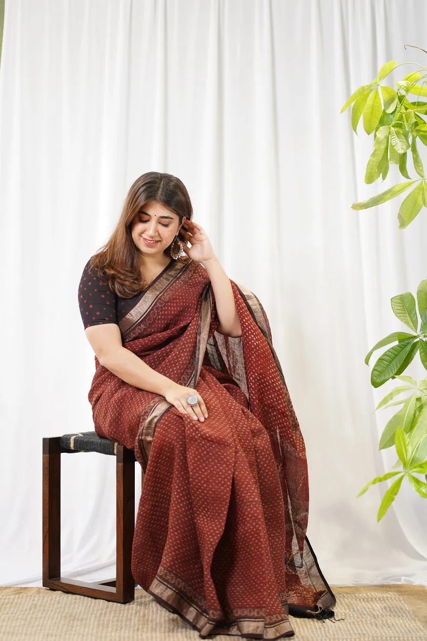 Ajrakh Hand Block Printed Linen Saree