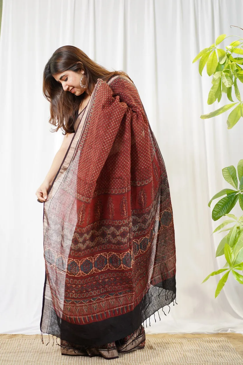 Ajrakh Hand Block Printed Linen Saree