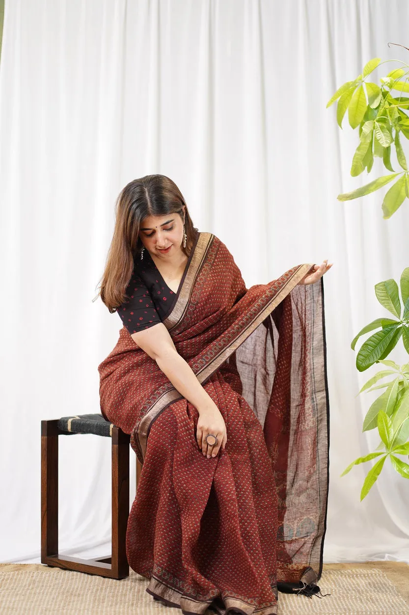 Ajrakh Hand Block Printed Linen Saree