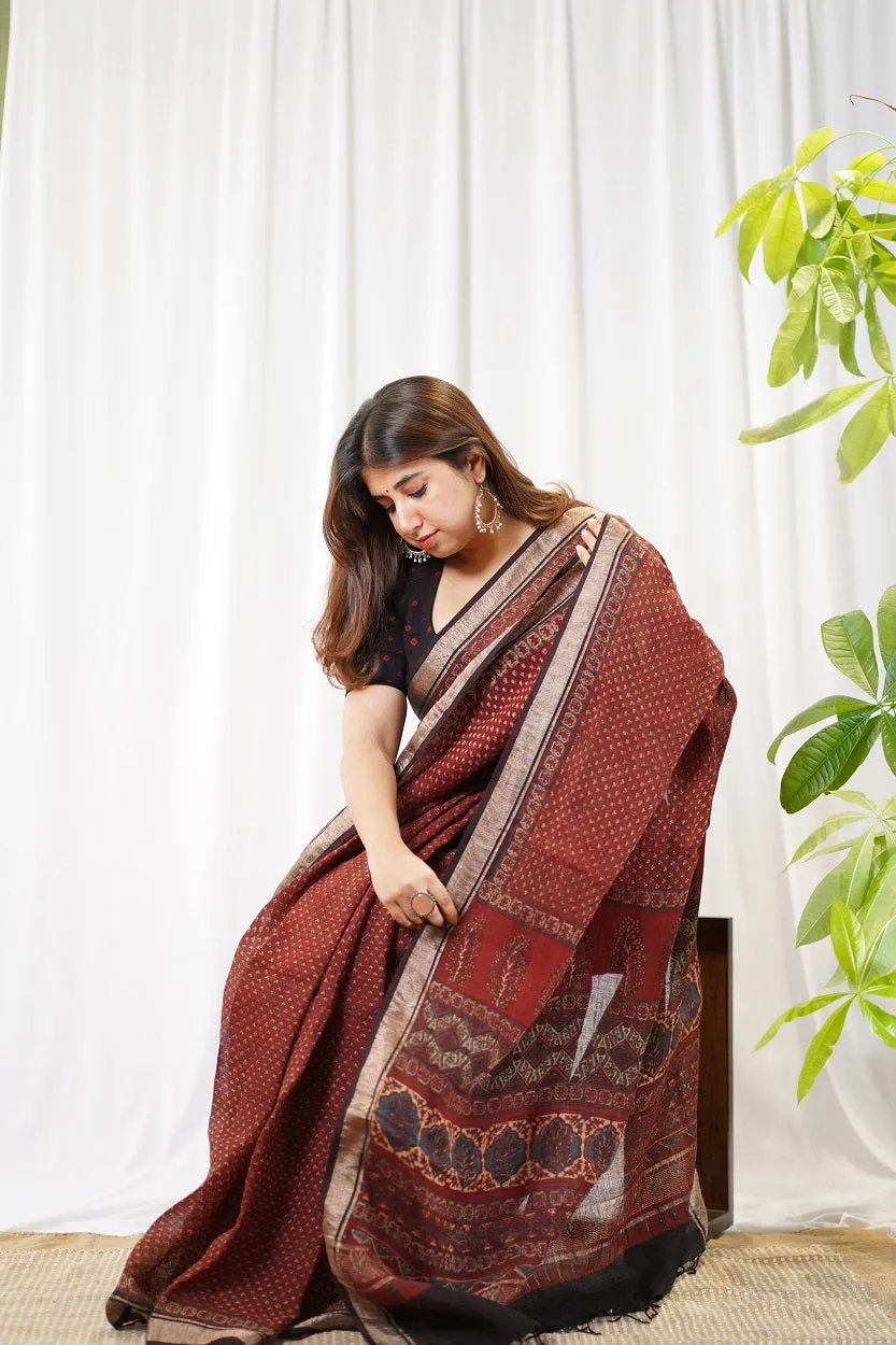 Ajrakh Hand Block Printed Linen Saree