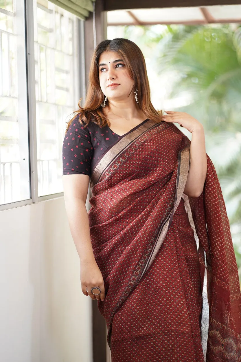 Ajrakh Hand Block Printed Linen Saree