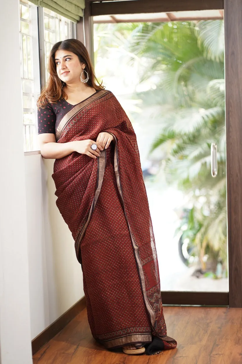 Ajrakh Hand Block Printed Linen Saree