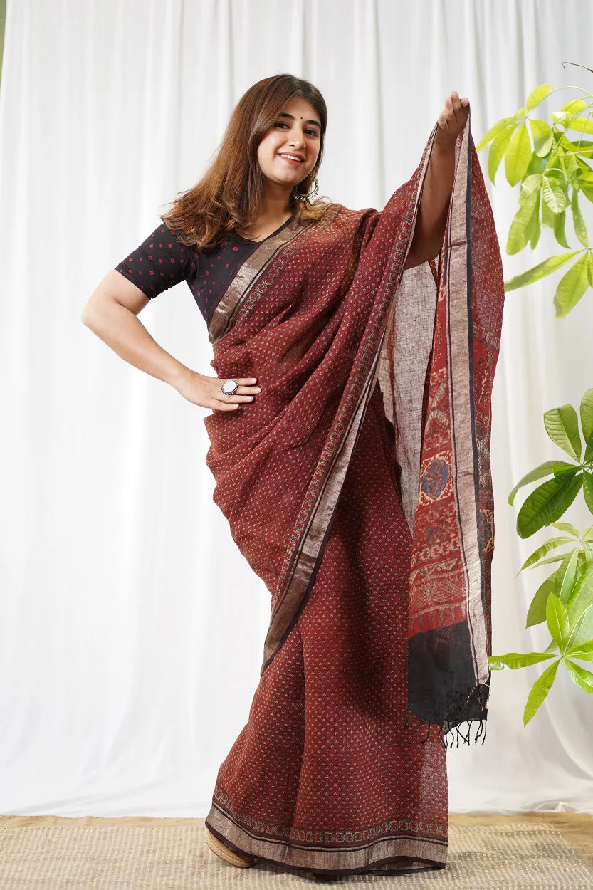 Ajrakh Hand Block Printed Linen Saree