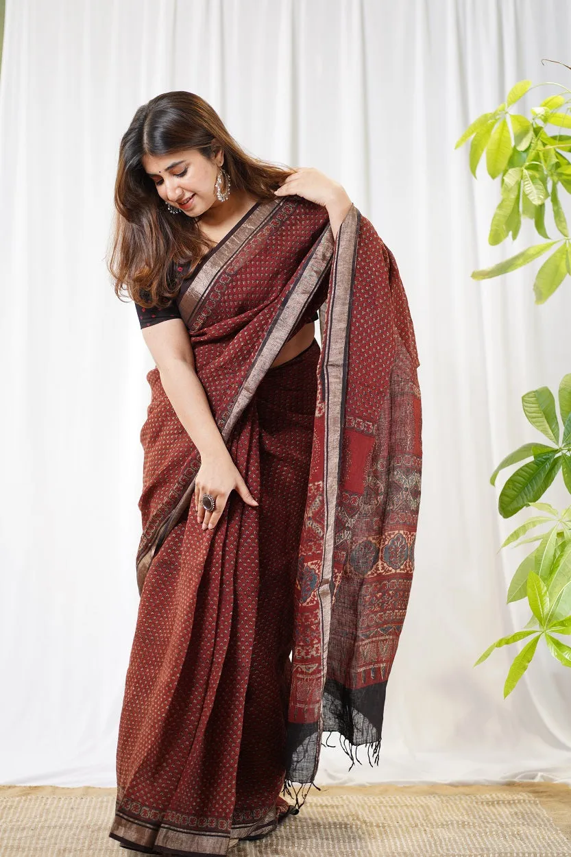 Ajrakh Hand Block Printed Linen Saree