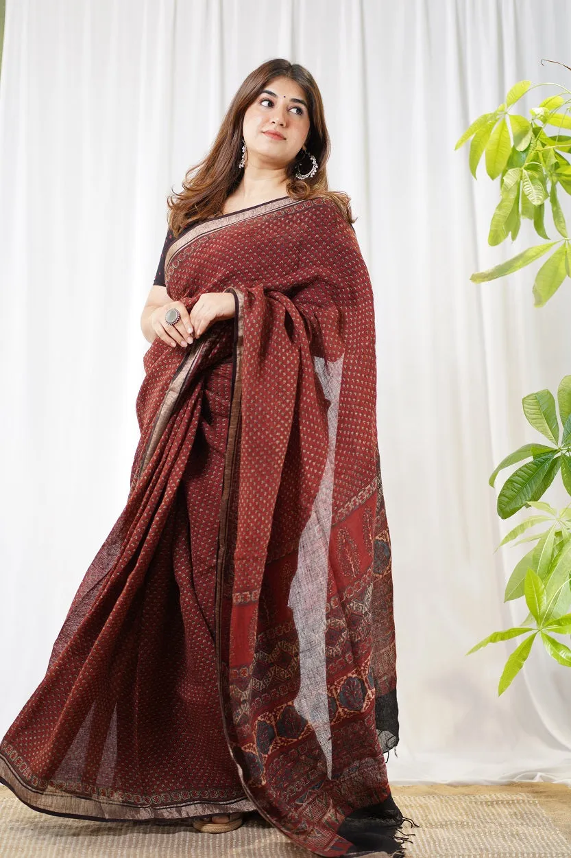 Ajrakh Hand Block Printed Linen Saree