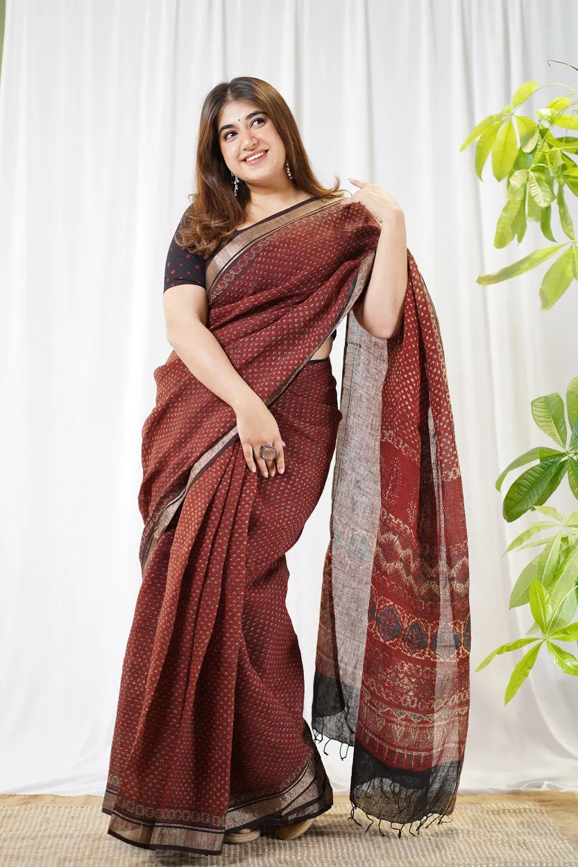 Ajrakh Hand Block Printed Linen Saree