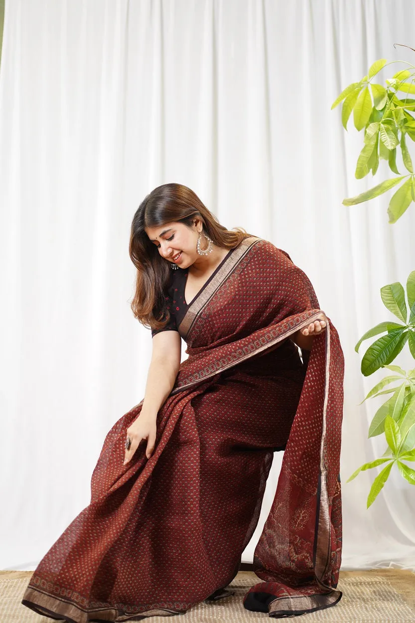 Ajrakh Hand Block Printed Linen Saree