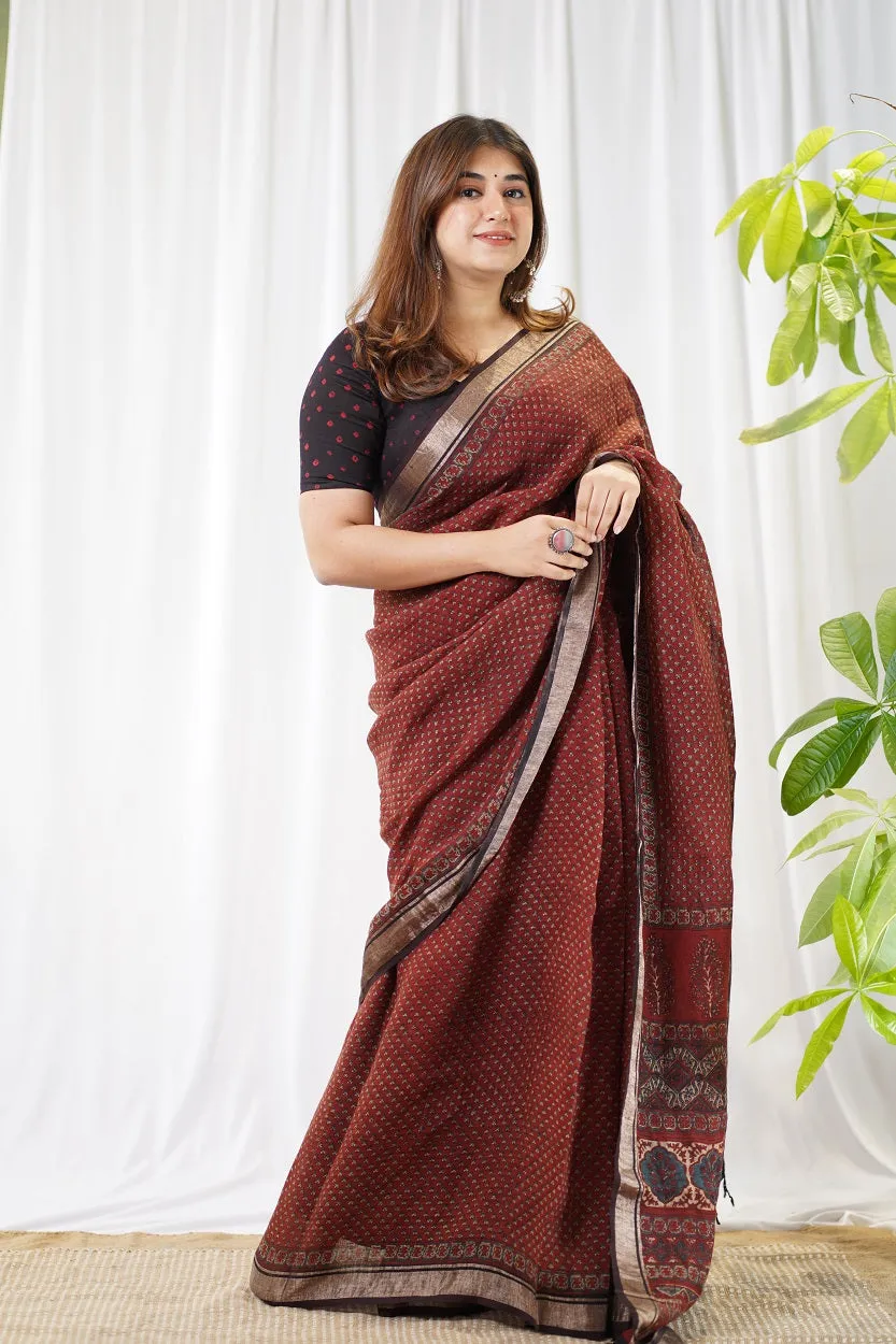 Ajrakh Hand Block Printed Linen Saree