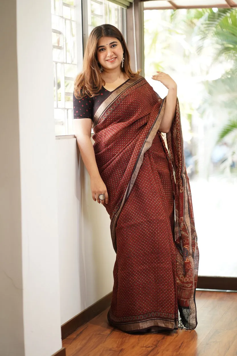 Ajrakh Hand Block Printed Linen Saree