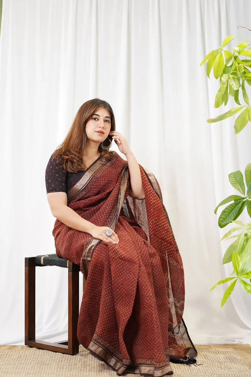 Ajrakh Hand Block Printed Linen Saree