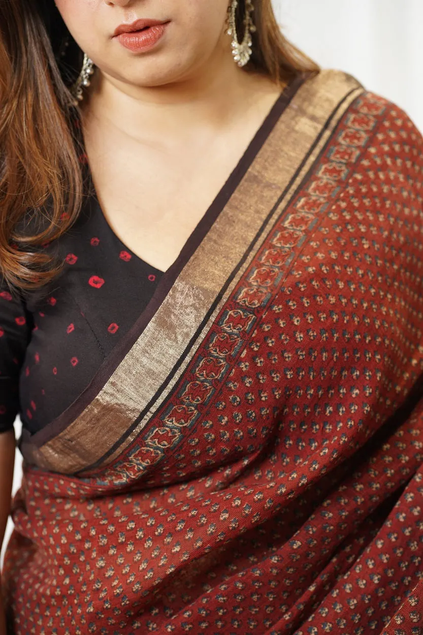 Ajrakh Hand Block Printed Linen Saree