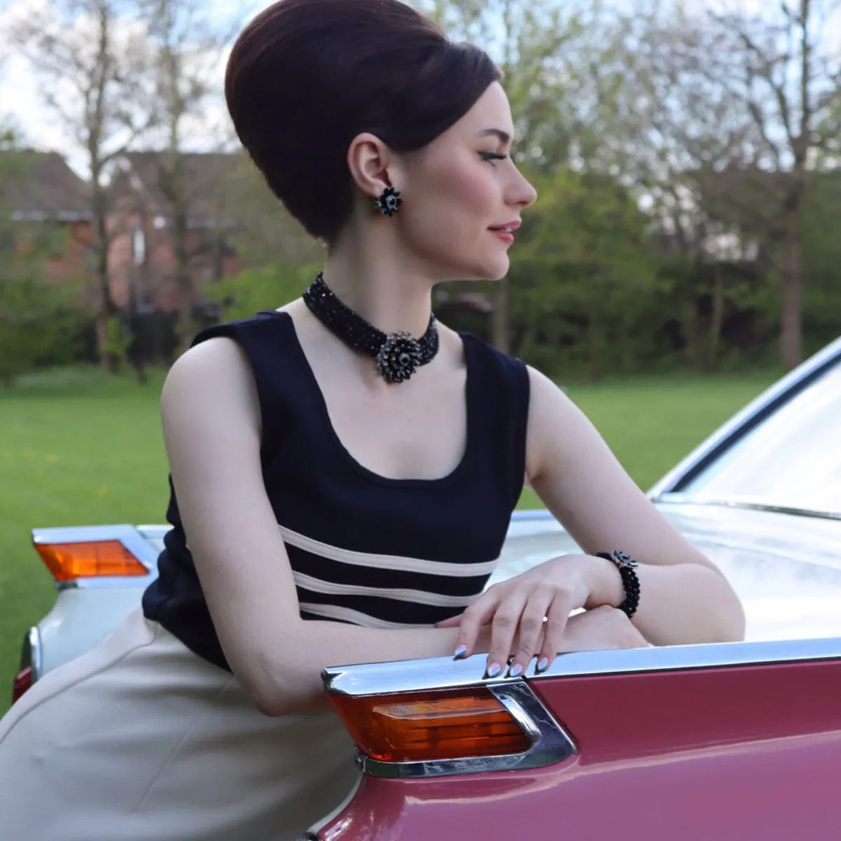 Audrey Hepburn Inspired Clip on Earrings: Black Flower & Crystal Clip On Earrings