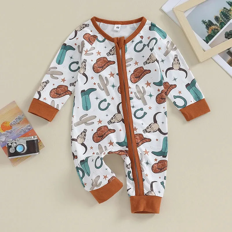 Baby Boys & Girls Western Zip Layette Romper - Highland Cow Cactus