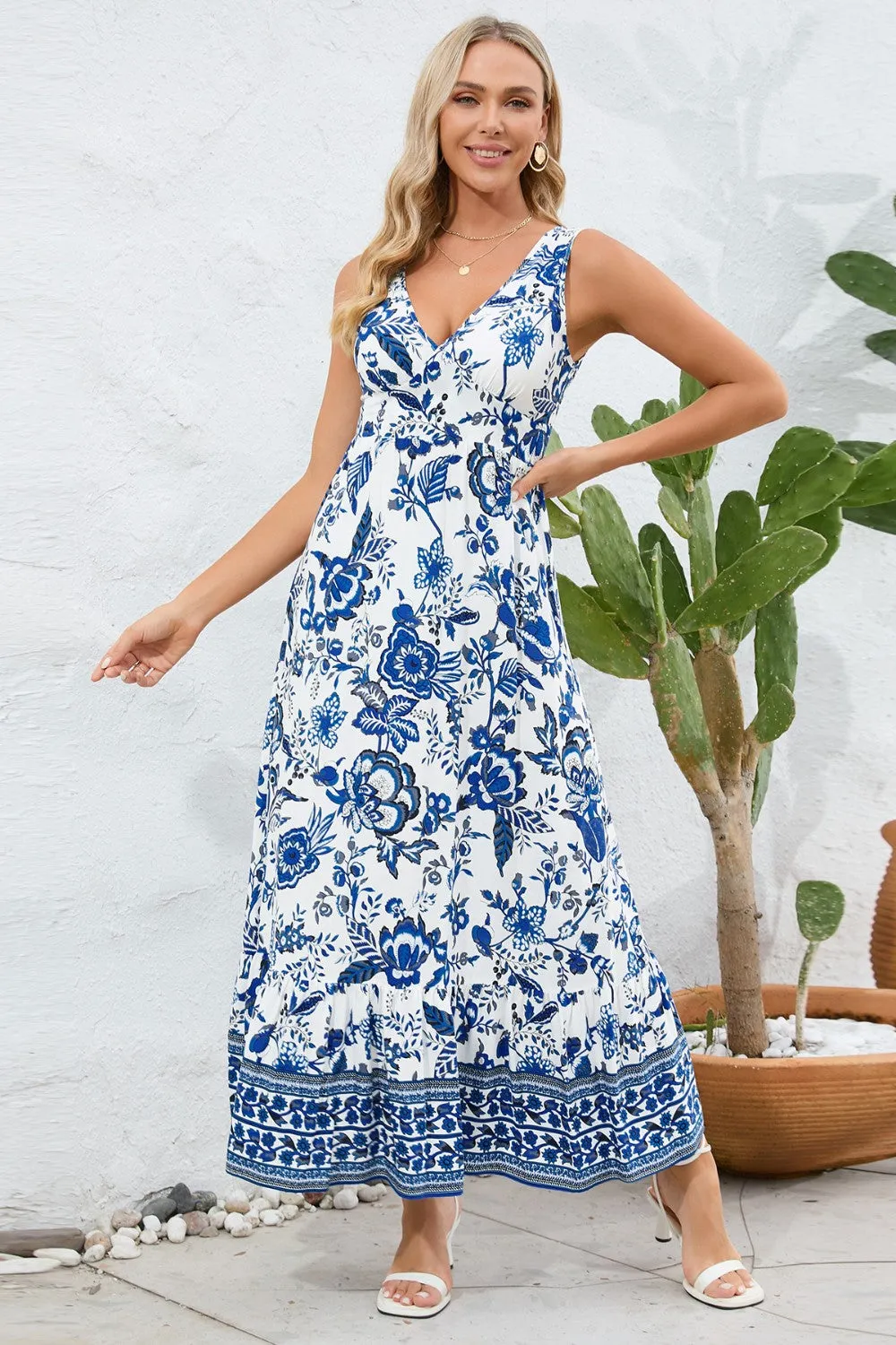 Beach Fall Wedding Guest Dress for Women with Printed V-Neck and Wide Straps