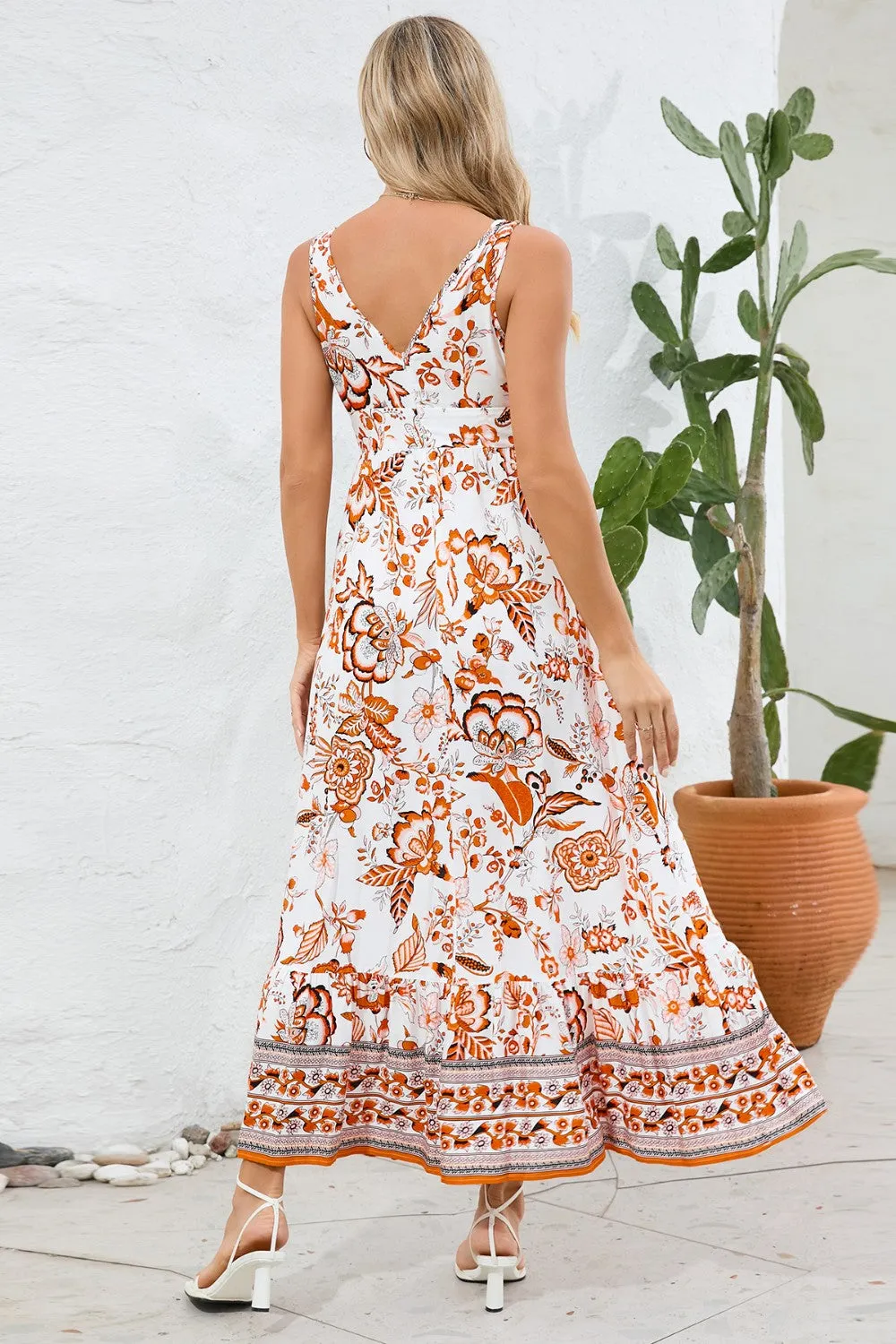 Beach Fall Wedding Guest Dress for Women with Printed V-Neck and Wide Straps