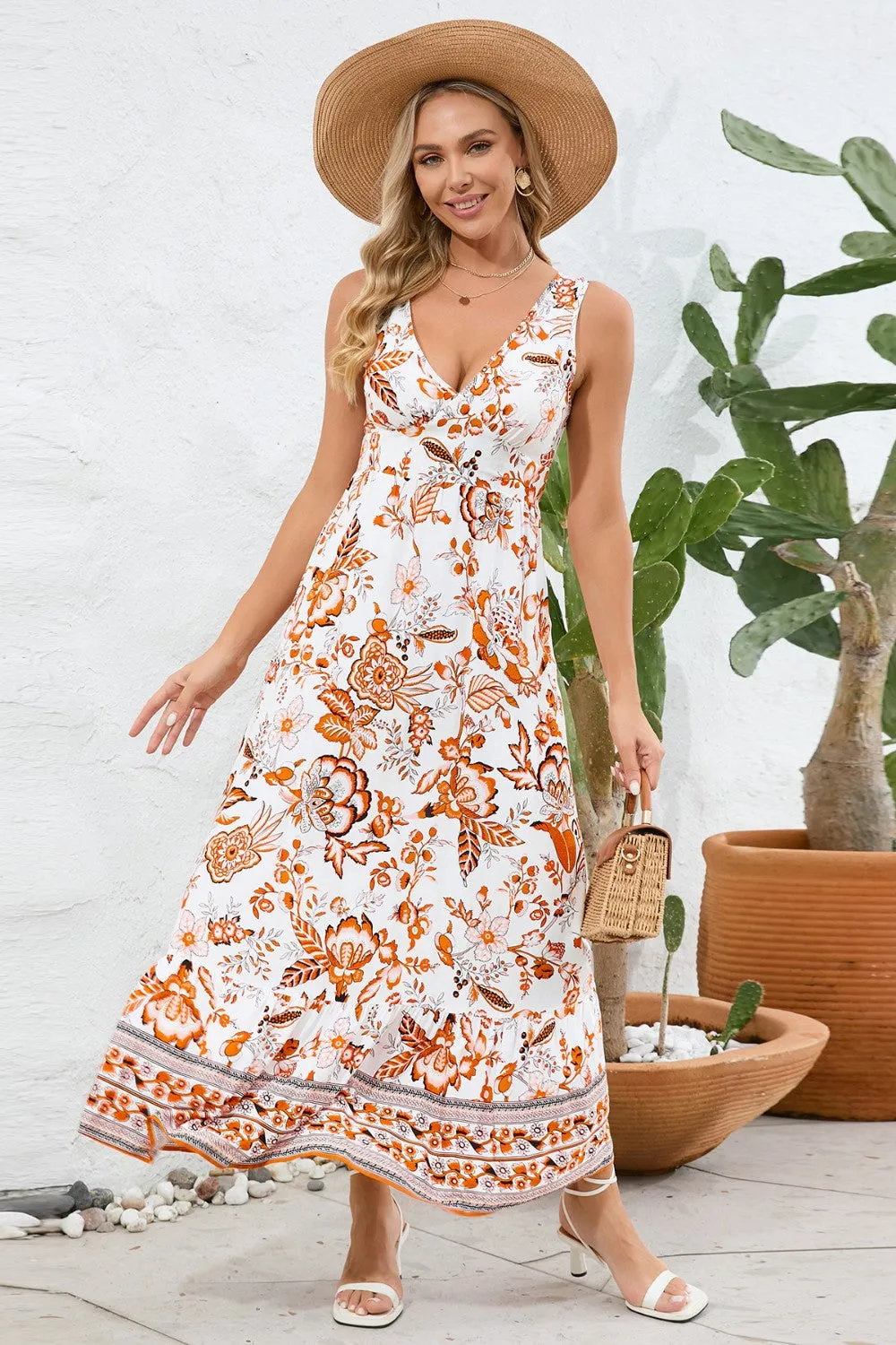 Beach Fall Wedding Guest Dress for Women with Printed V-Neck and Wide Straps