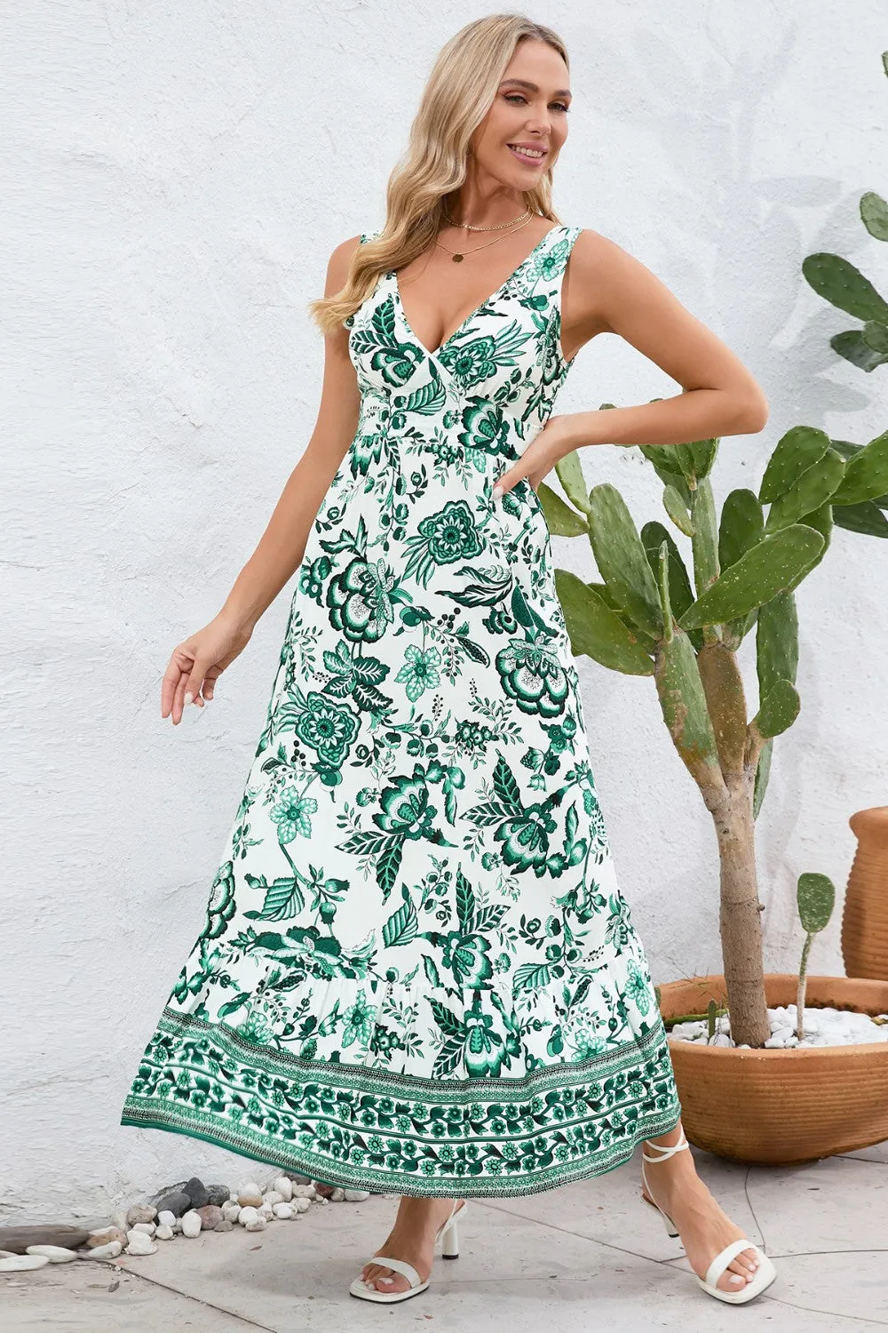 Beach Fall Wedding Guest Dress for Women with Printed V-Neck and Wide Straps