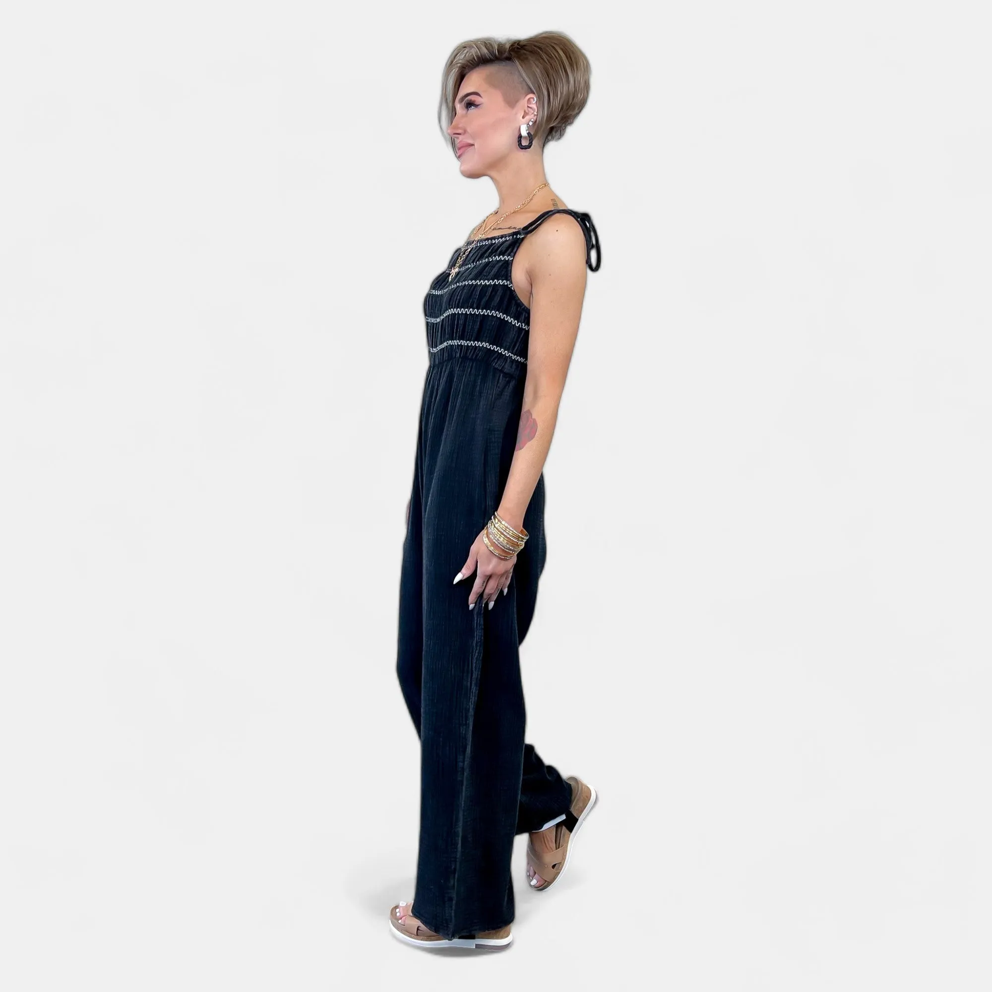 Black Smocked Relaxed Jumpsuit