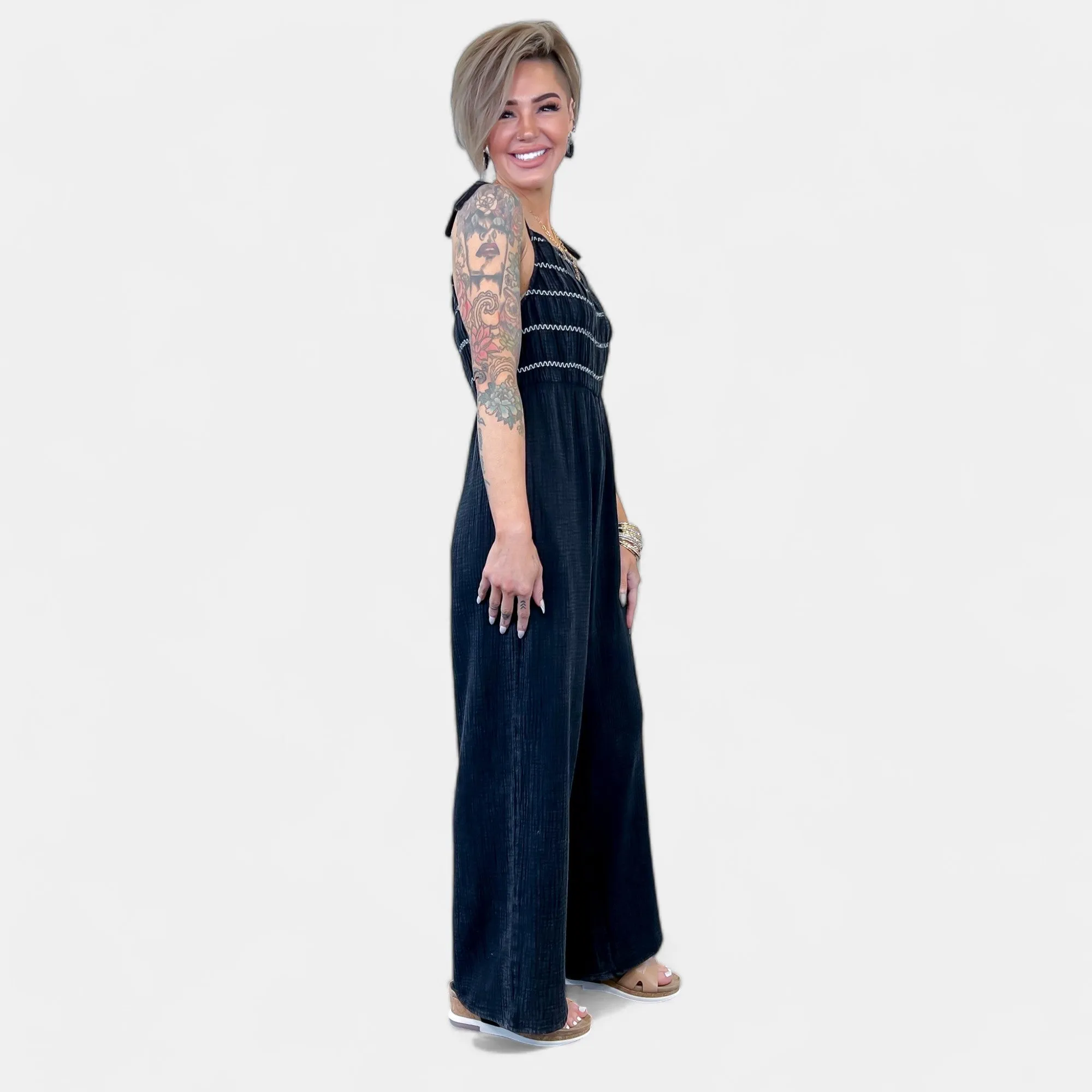 Black Smocked Relaxed Jumpsuit