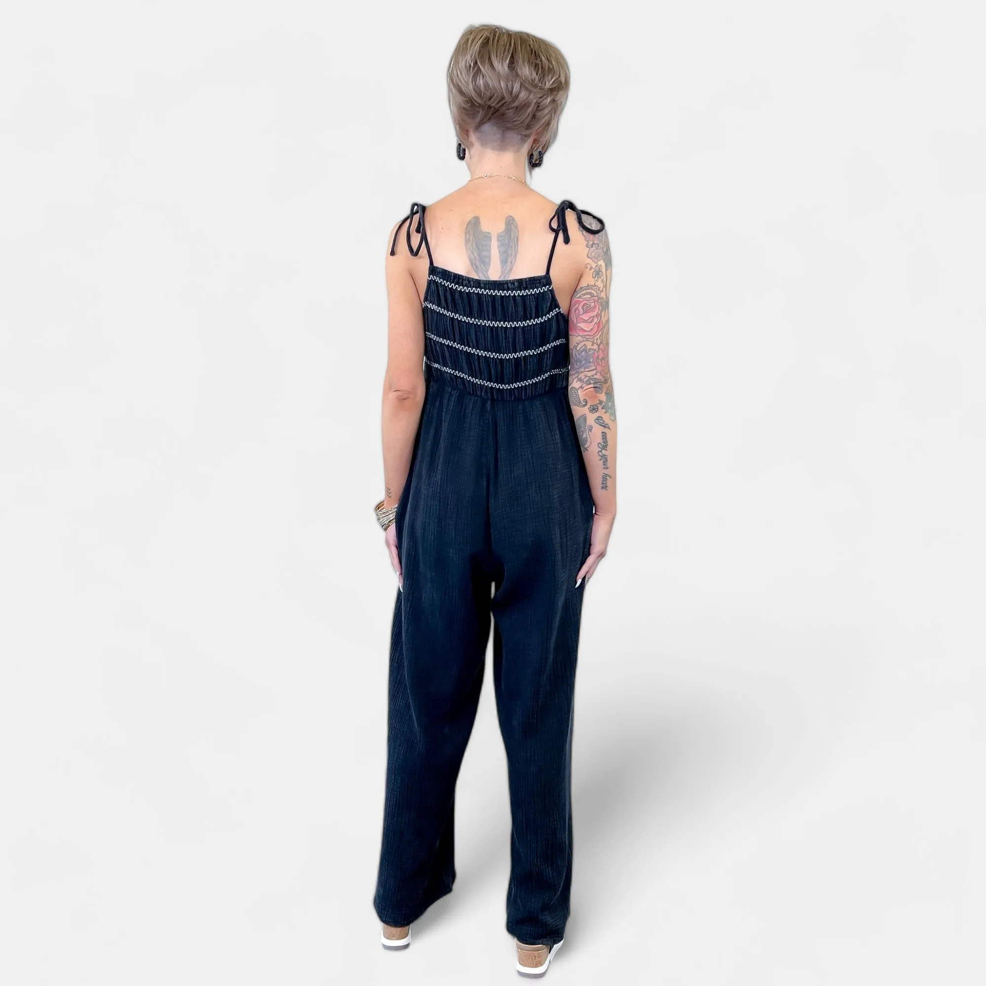 Black Smocked Relaxed Jumpsuit