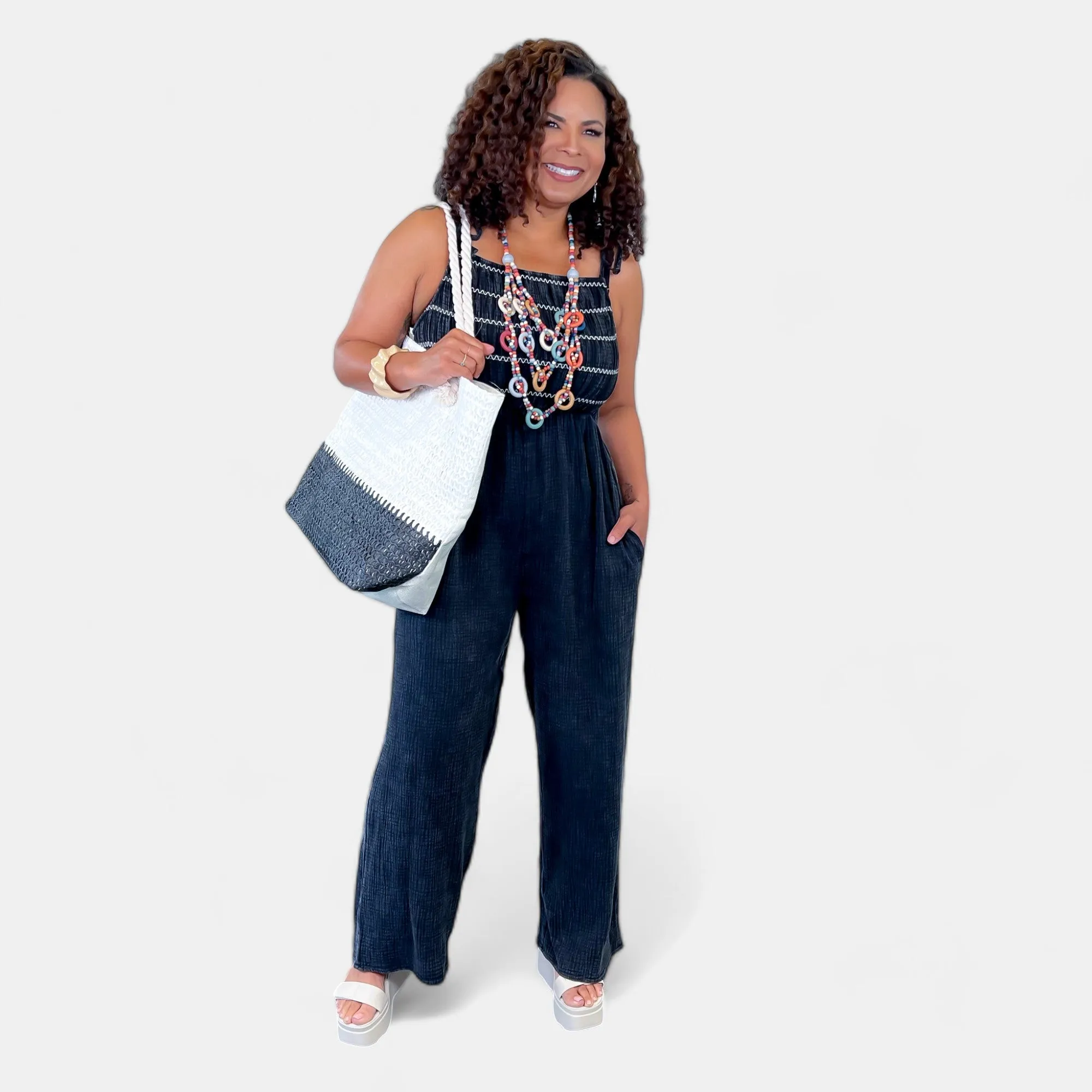 Black Smocked Relaxed Jumpsuit