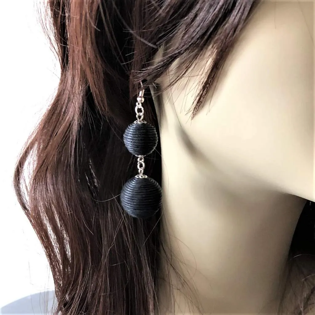 Black Thread Ball Dangle Earrings