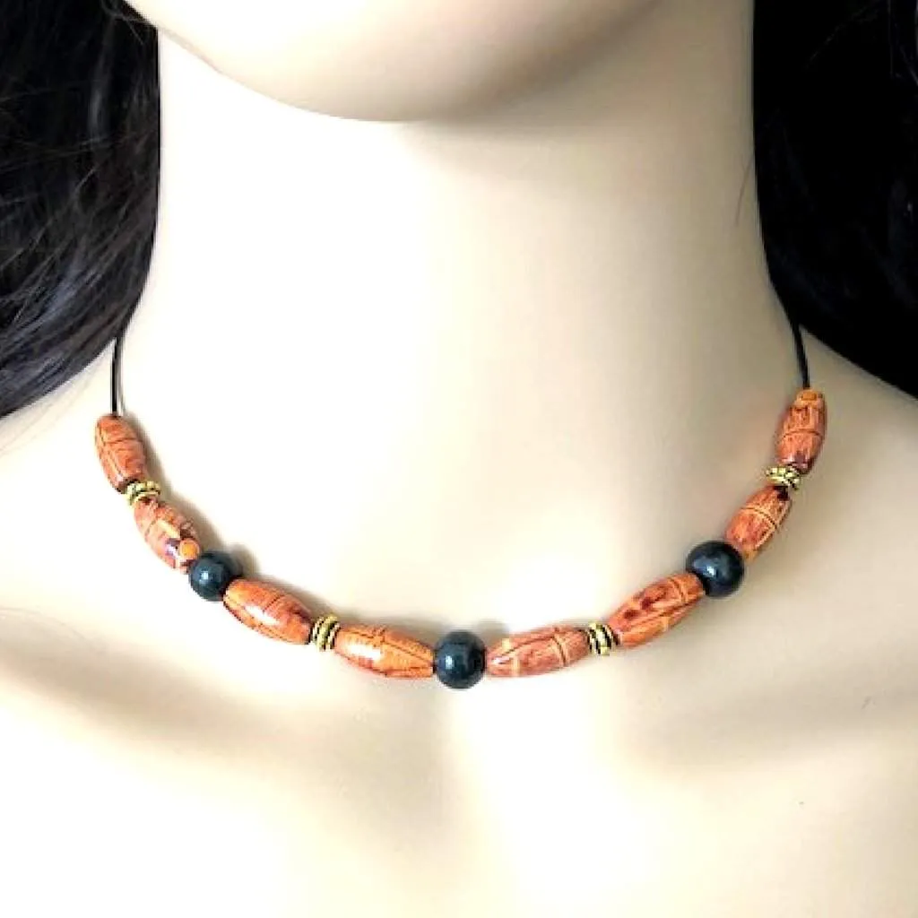 Brown and Black Wood Beaded Choker