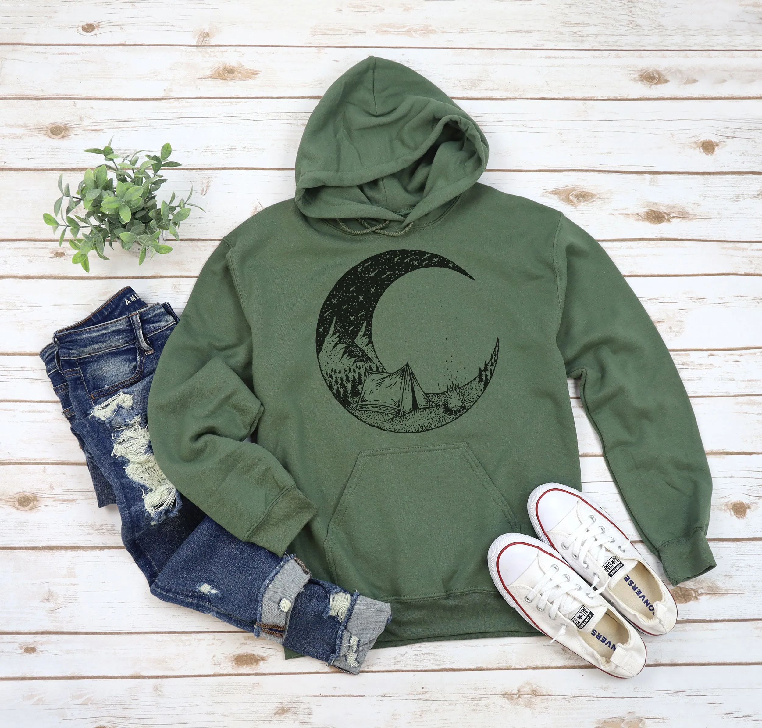 Camping Bonfire Crescent Moon Adult Hoodies