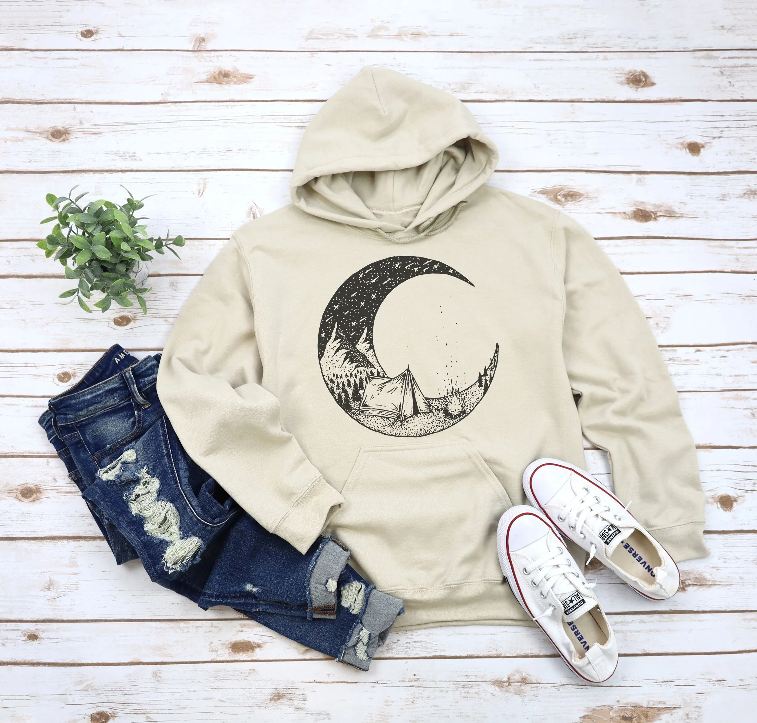 Camping Bonfire Crescent Moon Adult Hoodies