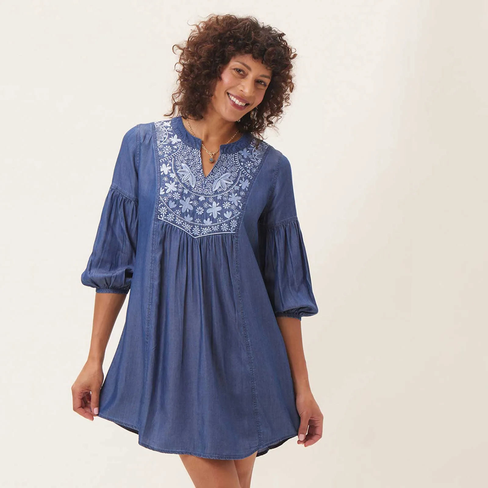 Chambray Dress With Light Blue Embroidery