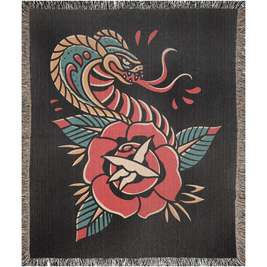 Cobra Traditional Tattoo Style Woven Fringe Blanket / / Wall tapestry or throw for sofa, maximalist decor,  tattoo home decor (Copy) (Copy) (Copy)