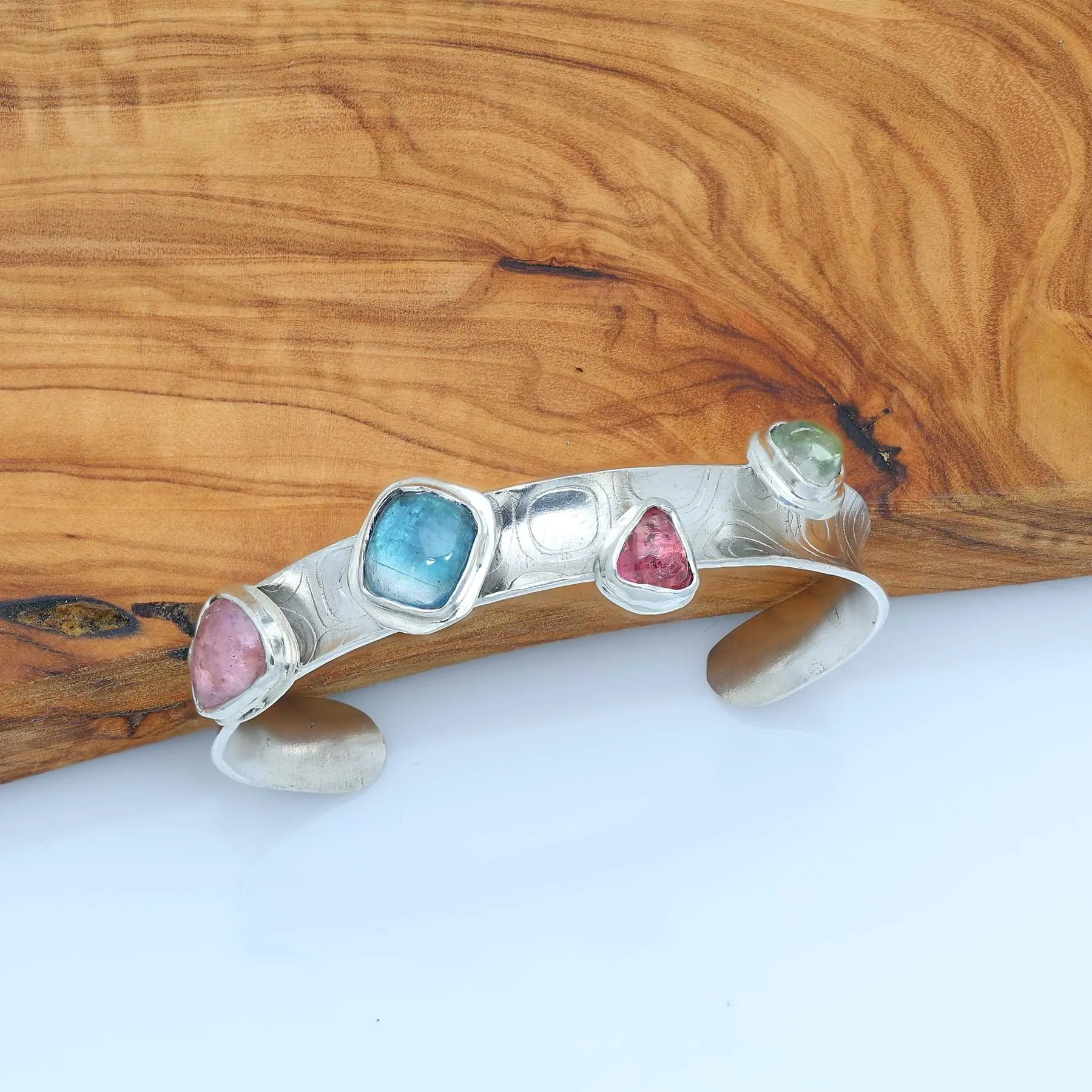 Confetti - Tourmaline Textured Silver Cuff Bracelet