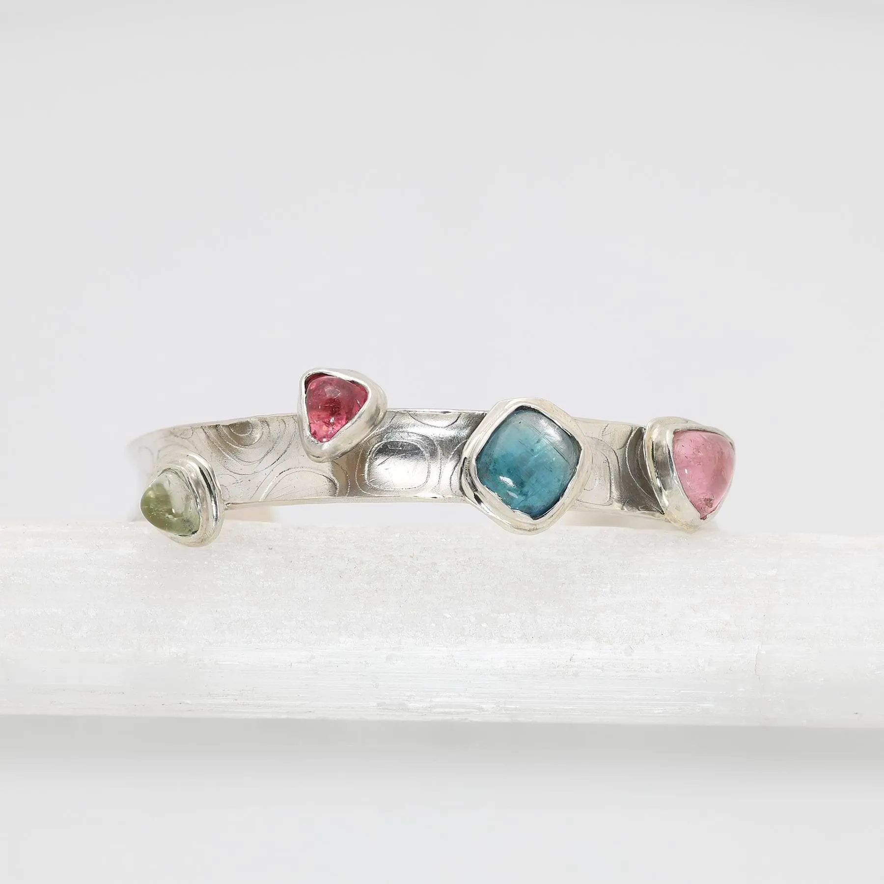 Confetti - Tourmaline Textured Silver Cuff Bracelet