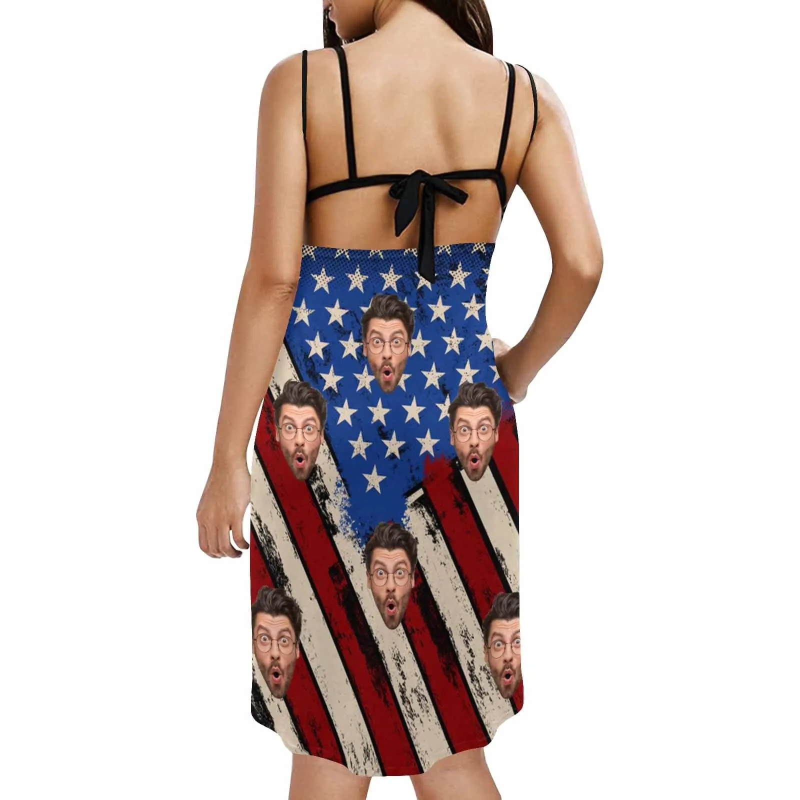 Custom Husband Face USA Flag Spaghetti Strap Backless Beach Dress Personalized Women's Cover up Beach Dress