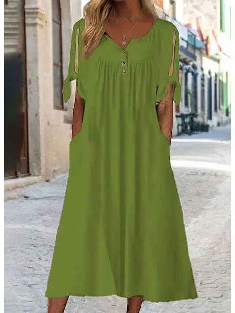 Elegant Button V Neck Shift Dress for Women - Black White Green - S M L XL XXL - Short Sleeve Midi Dress Casual Basic Daily Wear